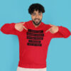 Man wearing a red hoodie sweatshirt with the text 'I don't get enough credit for the things I manage not to say' printed on the front.